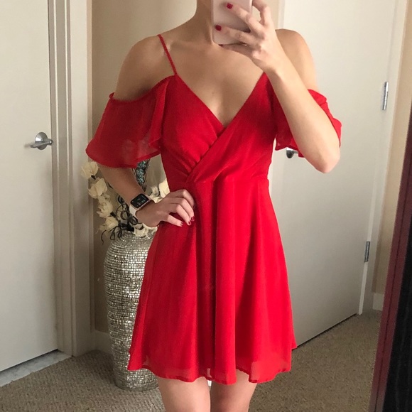 red flowy off the shoulder dress